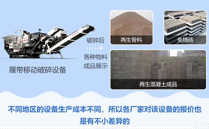 履带式移动破碎设备处理后的再生骨料、免烧砖、再生混凝土